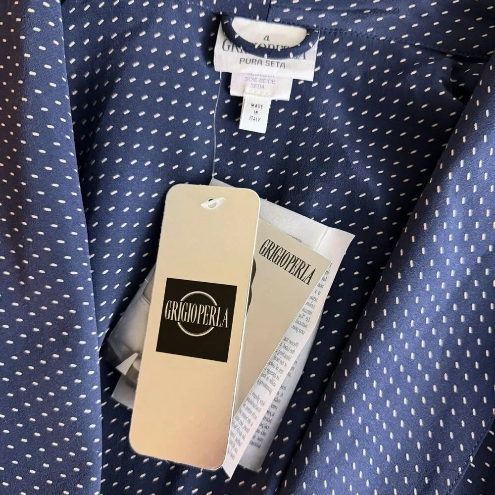 NWT Grigioperla La Perla 100% Silk Robe Navy Blue Micro Dot Italian Loungewear
